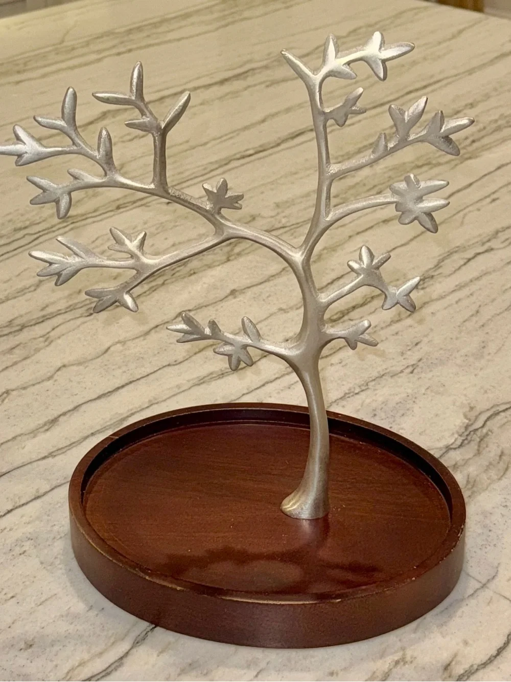 Silver Metal Tree Jewelry Stand on Wooden Tray
